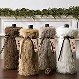 Christmas Wine Bottle Bags with Tags: Neutral Luxury Plush Fur Drawstring Gift Bags, Reusable Earth Tones Wine Bottle Pouches for Xmas Presents Wedding Holiday Festival Party Decorations Home Decor
