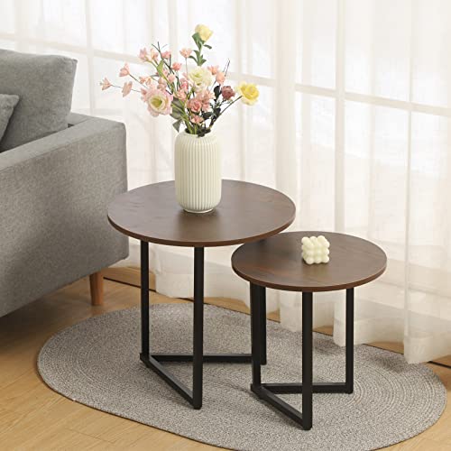 HaodaCulture Lot de 2 Tables Basses Rondes Gigognes de Salon,Table Basse en Bois avec Bords Décoratifs et Cadre en Métal Table d'extrémité de canapé,Grand modèle:50x50x52cm et Petit modèle:40x40x42cm Cover