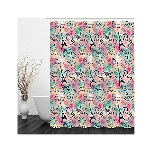AMDXD Duschvorhang 120x180cm, Lippe Drucken und Turm Badewanne Vorhang aus Polyester Stoff mit 12 Duschvorhangringen, für Badewanne Badezimmer, Schnelltrocknend, Waschbar, Grün Rosa 47x71″