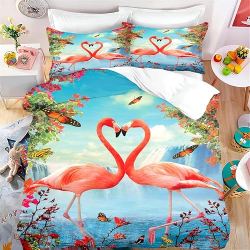 BJCJGGL 掛け布団カバー クイーン ピンクのフラミンゴ 布団カバー 全開ファスナー 抗菌防臭 防ダニ 通気性 ポリエステル 布団カバー 210x210 cm + 2 枕カバー 43x63 cm
