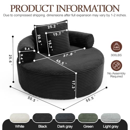 Image of Trustyue Boneless Couch,Comfy Fluffy Sofa Bed,Upholstered Sleeper Sofa with Cup Holder and Throw Pillows,Corduroy Plush Cloud Lounge Chair (Black, Corduroy)