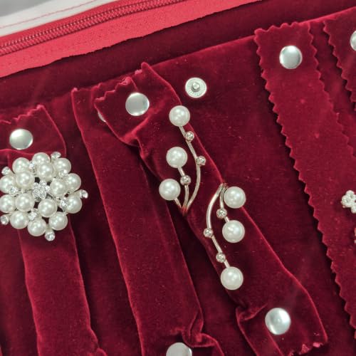 Image of UnionPlus Travel Jewelry Roll Organizer Multiple Compartments, Burgundy