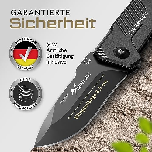 BERGKVIST® K10 Klappmesser (Zweihandmesser) - scharfes Taschenmesser für Outdoor & Survival mit Feuerstahl & Tasche - Mitführen in Deutschland erlaubt - Vollmetall – Bild 4