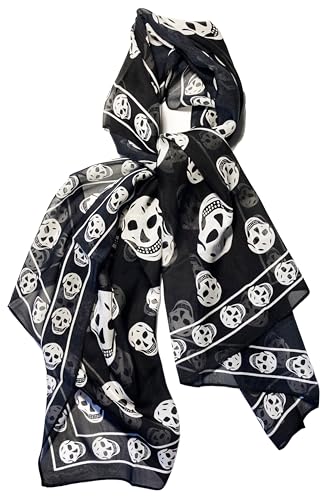 Mazeology Skull Scarf Genuine Pure Silk Soft Chiffon 58.5” Long Scarf Gothic Punk Pirate Black/White 26” Wide for Women/Men Trendy Fashion Accessory