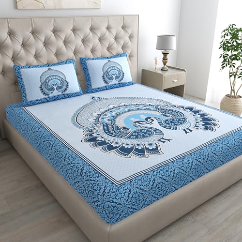 Image of Rajasthani Jaipuri Sanganeri Printed 144 TC 100% Cotton Bed Sheet Set for Double Bed,Double Peacock Pattern, Double Bedsheet Cotton with 2 Pillow Covers