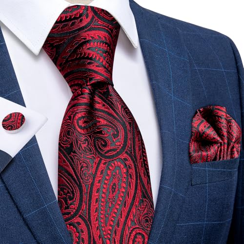 Image of DiBanGu Mens Paisley Tie Set Silk Woven Jacquard Necktie and Pocket Square Cufflinks Gift Set for Wedding Bussiness