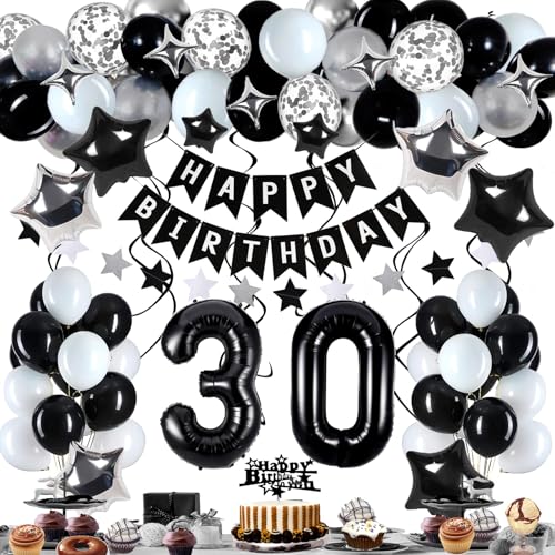 Miidenks 30th Birthday Decorations for Men Women, Black White and Silver Happy 30 Party Decor Set with 30 Number Foil Balloons, Banner, Cake Topper for Him Her