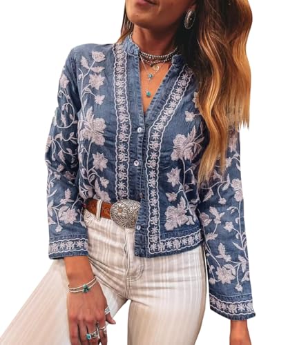 Women's Western Embroidered Denim Jacket Jean Lightweight Trendy V-Neck Soft Vintage Cropped Jacket - Main Image