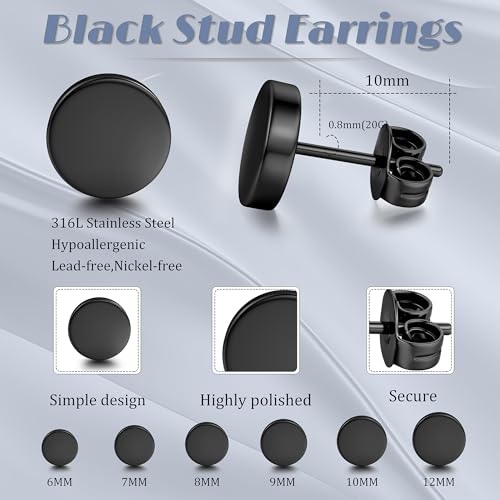YADOCA 6 Pairs Black Stud Earrings for Men Women Hypoallergenic 316L Surgical Stainless Steel Round Dot CZ Ball Black Earrings Studs Set 3-12 MM2