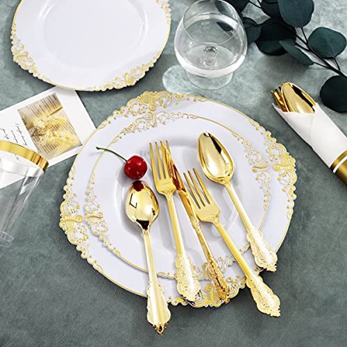 Nervure 350Pcs White And Gold Plastic Plates & Pre Rolled Napkins With Plastic Cutlery For 50 Guests-Gold Disposable Plates, 150 Gold Plastic Silverware, 50Cups, 50Napkins For Party & Wedding #TOP7