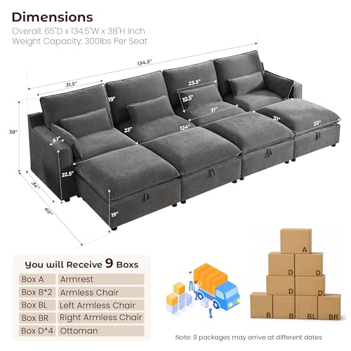 Image of WorthFurni Modern Modular Sectional Sofa,134 inch Sleeper Sofa Bed Sectional Cloud Couch with Storage Ottoman,Comfty Sofa for Living Room,Grey Chenille