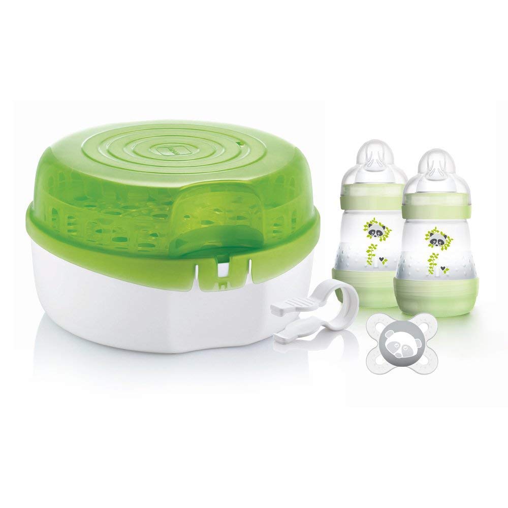MAM Microwave Steriliser | Comes with 2X MAM Easy Start Anti-Colic Bottle and Soother | for Quick and Easy Steam Sterilisation | Sterilises 6X Bottles in 5 Minutes | Baby Accessories