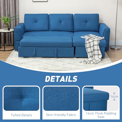 HOMCOM 3 Seater Sofa Bed, L Shaped Pull Out Sofa Bed with Storage, Convertible Click Clack Settee Sectional Sleeper Futon for Living Room, Office, Dark Blue - Image 6