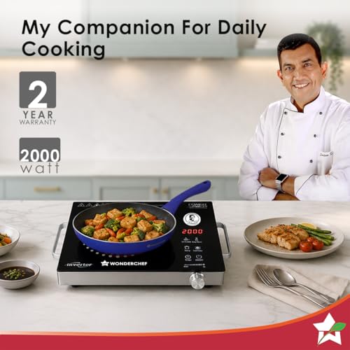 Image of Wonderchef Smart Cook Infrared Electric Cooktop, Crystal Glass Surface, Single Burner with 2 Heat Settings, BBQ Grill, 2000W, Compatible with Steel,Ceramic,Cast-iron,Aluminium Cookware, 2-Yr Warranty