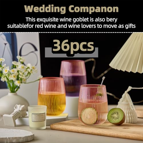 Image of Lueumxc 36 Pack 15Oz Pink Plastic Wine Glasses, Origami Ribbed Disposable Wine Glasses Unbreakable Clear Plastic Cocktail Glasses Recyclable Shatterproof Reusable Wine Cups