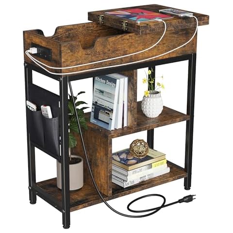 LinTimes Side Table with Charging Station, Flip Top End Table with USB Ports and Outlets, Bedside Table with Shelves and Storage Bag, Nightstand Couch Table for Living Room, Bedroom, Small Spaces Cover