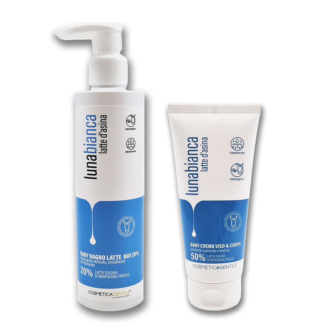 Set Baby Sweety, bagno latte baby + crema crema viso e corpo al latte d’asina Lunabianca, confezione singola (1 x 250 ml + 1 x 100 ml)