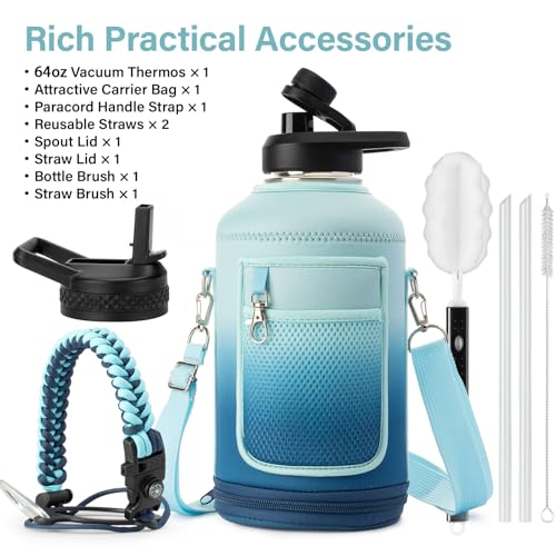 Insulated Water Bottle | Thickened Stainless Steel Vacuum Metal | Portable Sports Half Gallon Large Water Jug for Gym and Hiking with Straw, Carrier Bag, Handle Strap | BPA-Free 64 oz