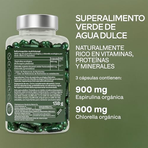 Espirulina y chlorella para complementar tu dieta, 1800 mg en cápsulas veganas 5