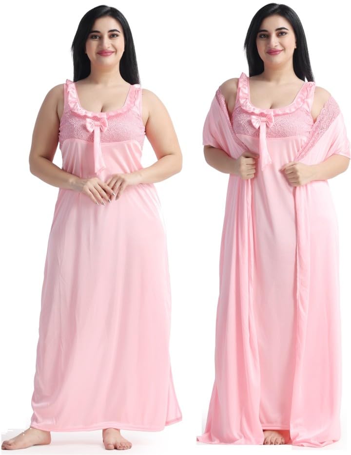 Women Satin blend Maxi Nighty With Robe (Pink), Free Size-picture-50