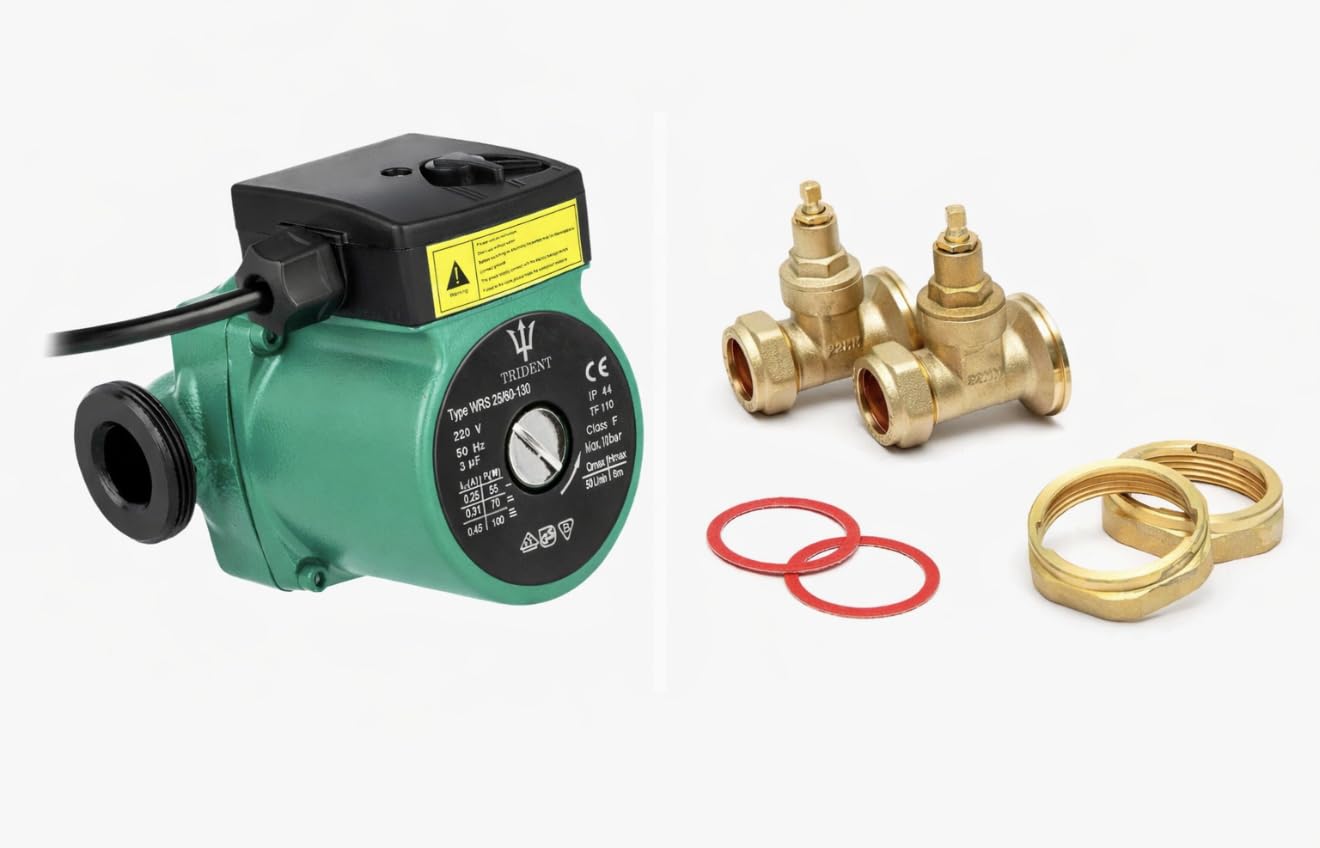 TRIDENT WRS25/60-130 Central Heating Circulation Pump with 3 Speeds, 6m Head,2 X Brass gate Valves Included with Pump.