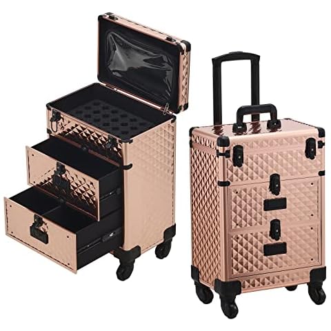 BTGGG Makeup Trolley Lockable Cosmetic Case Vanity Case, Professional Hairdressing Trolley on Wheels with 2 Drawers, Rose Gold Make Up Case, Beauty Nails Case Cover