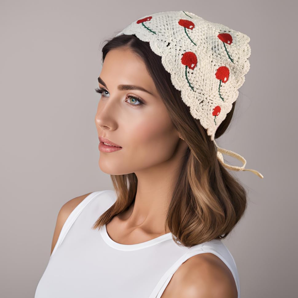 AeraVida Summer Boho Cherry Crochet Cotton Hair Scarf | Handmade Rustic Cotton Headwrap | Lightweight Festival And Beach Kerchief Accessory2