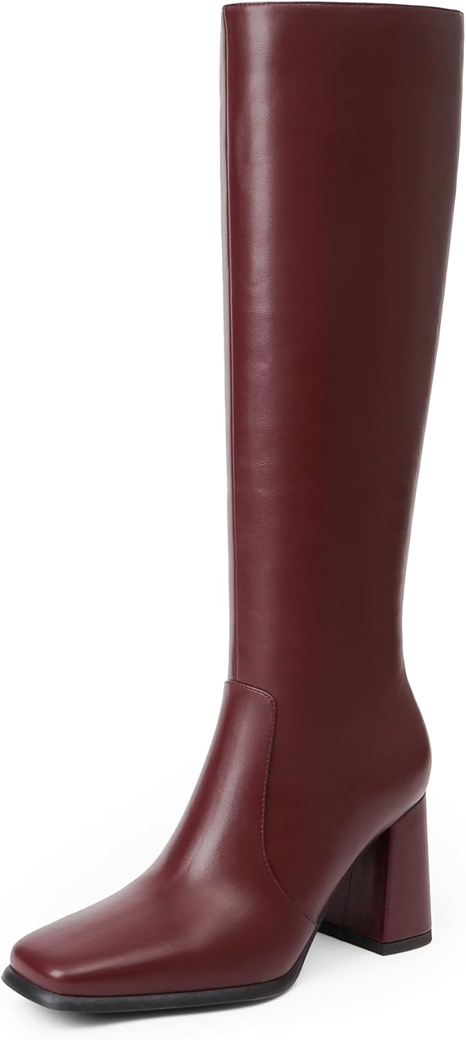 QIY Knee High Boots Women Chunky Heel Square Toe Tall Boots Women Heeled Size Zipper Long Boots