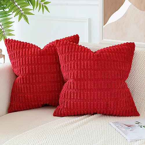 JOTOM Set of 2 Corduroy Soft Striped Cushion Covers 45x45 cm Decorative Throw Pillow Covers Square Cushion Case Home Boho Decor Pillow Cases for Couch Sofa Bedroom 18x18 Inch (Red) - Image 3