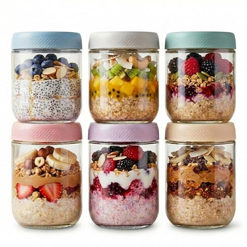 Image of JBHO 6-pack 16 oz Overnight Oats Containers with Lids, Glass jars with Airtight Lids, Wide mouth Mason Salad jars, Glass Food Storage Containers for Snacks Yogurt Spice Sugar