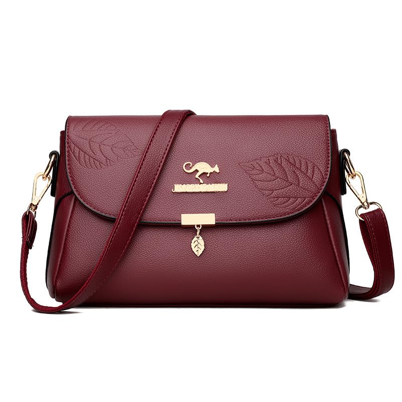 Bolsa Transversal Feminina Grande de Couro Bovino Legítimo Bolsas Transversais Com 5 Bolsillos Pequeños, Alça Ajustável e Impermeável (Vermelho)