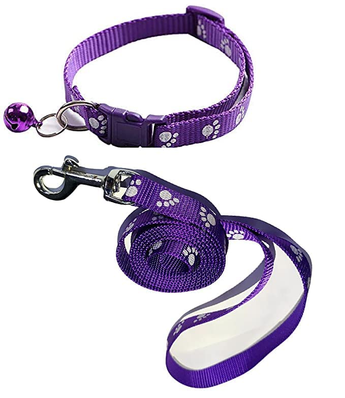 Adjustable 15 mm Pow print collar leash for dog cat puppy (Pack of 1 pcs) (Purple)