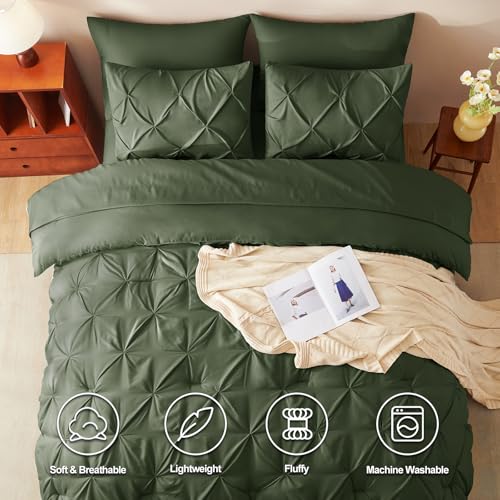 CozyLux Full Size Comforter Sets Olive Green, 7 Pieces Pintuck Bed in A Bag Green Comforter Full Size, Pinch Pleat Bedding Sets with All Season Comforter, Sheets, Pillowcases & Shams