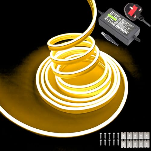 Gcidto Flexible 5M Yellow Neon LED Strip Lights，12V DC 600 LEDs Waterproof SMD2835 for DIY Decor Lights for Parties, Bars, Bedrooms, Store Signs(Includes Power Adapter).