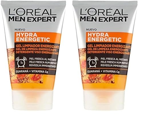 Men Expert Detergente Viso Energizzante in Gel Hydra Energetic, Deterge, Energizza, Risveglia Immediatamente la Pelle, con Estratto di Guaranà e Vitamina C, 100 ml (Confezione da 2)