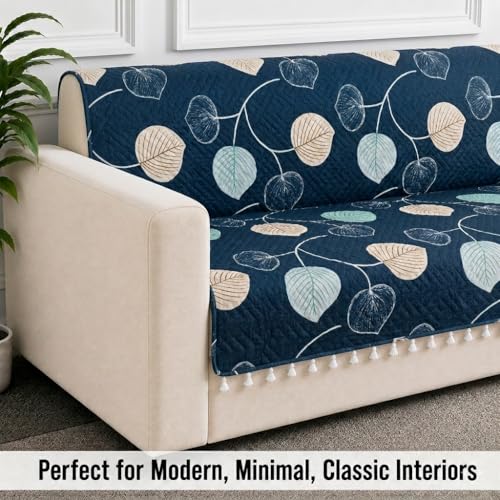 Image of STITCHNEST 'Frostvine Collection' 2 Seater Sofa Cover - Full Coverage| Cotton Quilted Fabric, Decorative Tassels, Washable & Durable for Modern Living