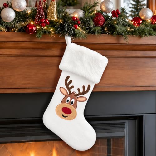 Christmas Stockings 21 inch Large Christmas Stocking Reindeer Animal One Piece Plush Stockings for Christmas Classic White Xmas Stocking Christmas Candy Bag for Christmas Tree Fireplace Family Decor - image 1