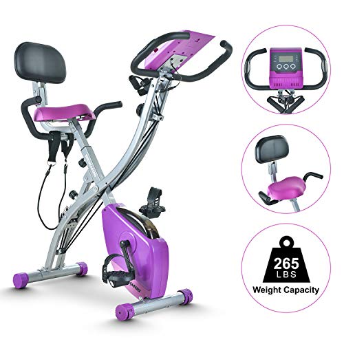 Folding Exercise Bike Portable Upright Adjustable Backrest Cycling Recumbent Stationary Bike Slim Indoor Workout Fitness Cardio Foldable Exercise Bicycle Machine with Pulse Sensor LCD Monitor Arm Resistance Bands