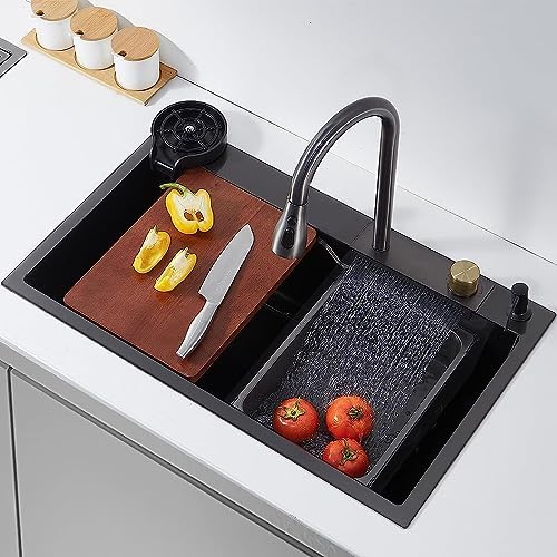 RESPITE Waterfall Kitchen Sink (30X18X09 Inch) with Integrated Waterfall mode and Pull Down Faucet with Steel Tray, Fruit Basket and Complete Accessories Set.