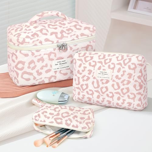 YMIFEEY 3 Stück Kosmetiktasche Kulturtasche Damen Kulturbeutel Make Up Tasche Groß Klein Set, Schminktasche Makeup Bag Waschtasche Reise Cosmetic Bag Beauty Case Organizer für Frauen (Rosa Leopard)