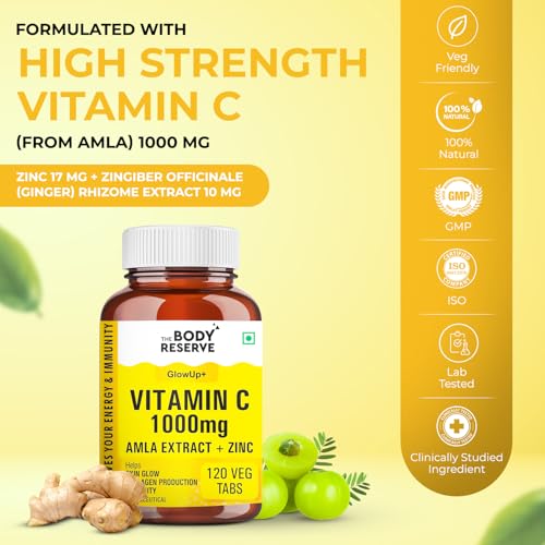 Image of THE BODY RESERVE Natural Vitamin C Tablets From Amla Extracts With Zinc helps Immunity & Skin Whitening Vitamin C Supplements 120 Tablets