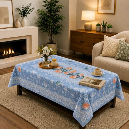Image of STITCHNEST Florenza Blue Cotton Net Table Cover 40x60 Inches