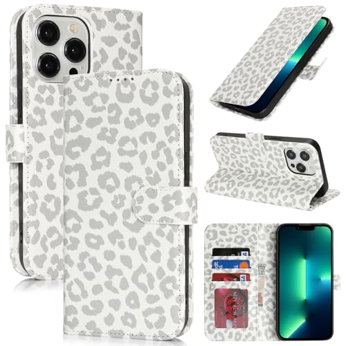 Image of for iPhone 13 Pro Max Case Wallet with Card Holder,for iPhone 12 Pro Max Wallet Case for Women Men,PU Leather Shockproof Magnetic Buckle Stand Flip Phone Case-White Leopard