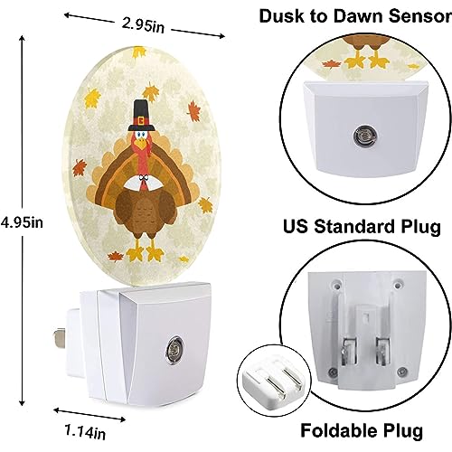 Image of Cute Holiday Turkey Plug-in Nightlight Happy Thanksgiving Autumn Maple Leaves Orange Night Light LED Dusk-to-Dawn Sensor for Boys Girls Gifts Bedroom Playroom