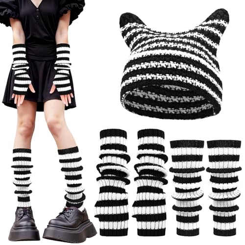 Angirlish Y2k Crochet Beanie Hats Knitted Striped Arm and Leg Warmers Cat Beanie Accessories for Women (Black White)