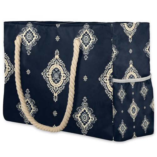 Ethnic Art Floral Beach Bag for Women Waterproof Pool Bag Sandproof Large Tote Bag with Wet Pocket Handbag with Zipper for Gym Beach Travel Work