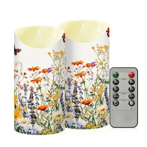 Ewusp Juego de 2 velas sin llama con diseño de mariposas y flores silvestres, funciona con pilas, con control remoto y temporizador, para decoración del hogar, bodas, vacaciones, fiestas, centros de
