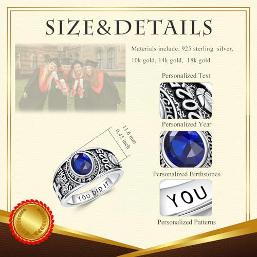 10K/14K/18K Gold/Sterling Silver Class Ring for Men and Women Peralized High School College Ring with Birthstone Customized Graduation Ring Size 4-153