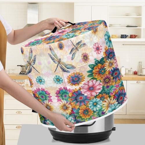 Image of Cozeyat Boho Floral Draggonfly Insulated Pressure Cooker Appliance Cover, Also Fit for Rice Cooker, Air Fryer and Crock Pot, 8 Quart Dust Cover with Pocket for Kitchenware and Recipes, Washable