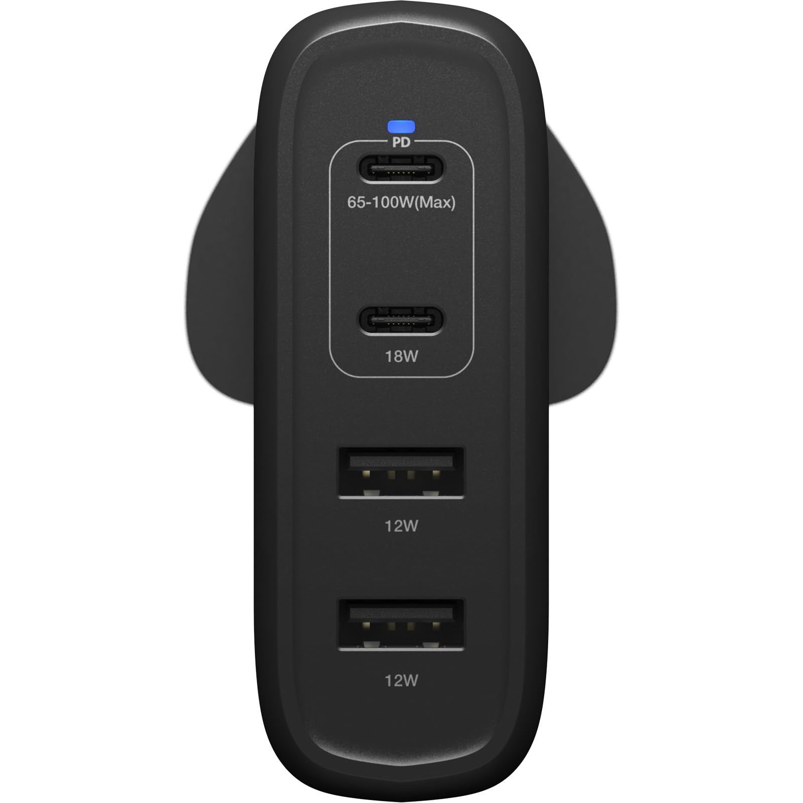 OtterBox Standard UK 100W USB-C PD GAN Cargador Pared 4 Ports, Negro | X2 USB-C PD Ports + x2 USB-A Ports, Cargador de carga rápida para Smartphones y Tablets, anticaídas